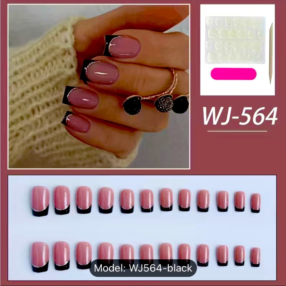 French tipped black sliver nails press on